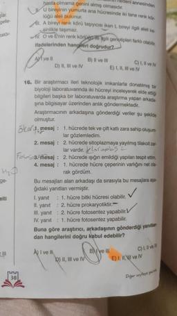 gian.
gelle-
zatör-
ge-
elti
n
30
hasta olmama genini almış olmasıdır.
U bireyinin yumurta ana hücresinde iki tane renk kör-
lüğü aleli bulunur.
All. A bireyi renk körü taşıyıcısı iken L bireyi ilgili aleli ke-
sinlikle taşımaz.
V. O ve E'nin renk körlüğü ile ilgili genotipleri farklı olabilir.
ifadelerinden hangileri doğrudur?
A ve Il
D) II, III ve IV
ökar.mesaj:
2. mesaj:
Fol3.mesaj:
4. mesaj :
B) II ve III
Hedeni annesinden
16. Bir araştırmacı ileri teknolojik imkanlarla donatılmış bir
biyoloji laboratuvarında iki hücreyi inceleyerek elde ettiği
bilgileri başka bir laboratuvarda araştırma yapan arkada
şına bilgisayar üzerinden anlık göndermektedir.
Araştırmacının arkadaşına gönderdiği veriler şu şekilde
olmuştur.
A) I ve II
C) I, II ve IV
E) I, II, III ve IV
1. hücrede tek ve çift katlı zara sahip oluşum
lar gözlemledim.
2. hücrede sitoplazmaya yayılmış tilakoitzar-
lar vardır.pbs I
2. hücrede ışığın emildiği yapıları tespit ettim.
1. hücrede hücre çeperinin varlığını net ola-
rak gördüm.
Bu mesajları alan arkadaşı da sırasıyla bu mesajlara aşa-
ğıdaki yanıtları vermiştir.
I. yanıt
: 1. hücre bitki hücresi olabilir.
II. yanıt : 2. hücre prokaryotiktir.
III. yanıt: 2. hücre fotosentez yapabilir.V
IV. yanıt: 1. hücre fotosentez yapabilir.
Coyyou
BI ve III
D) II, III ve IV
Buna göre araştırıcı, arkadaşının gönderdiği yanıtlar
dan hangilerini doğru kabul edebilir?
C) I, II ve N
E) I, II, II ve IV
Diğer sayfaya gec