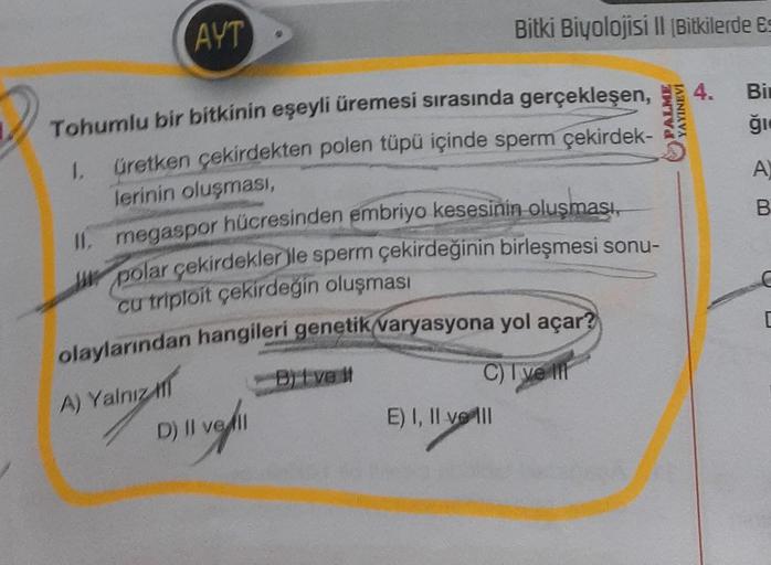 AYT
Tohumlu bir bitkinin eşeyli üremesi sırasında gerçekleşen,
1. üretken çekirdekten polen tüpü içinde sperm çekirdek-
lerinin oluşması,
II. megaspor hücresinden embriyo kesesinin oluşması,
polar çekirdekler ile sperm çekirdeğinin birleşmesi sonu-
cu trip