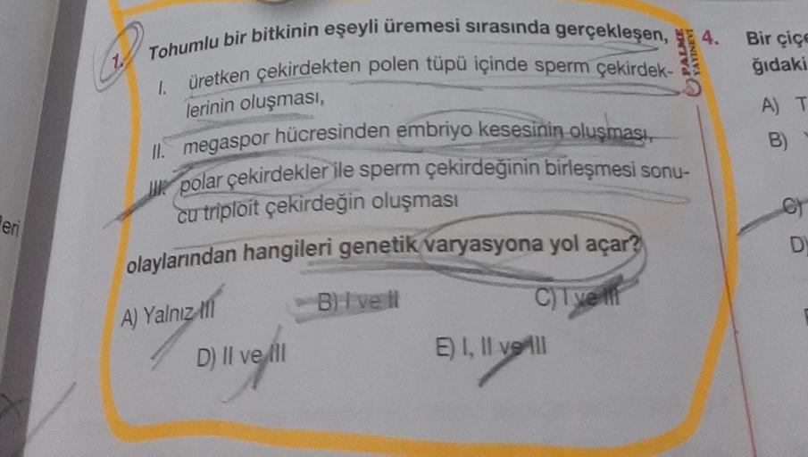 eri
A
Tohumlu bir bitkinin eşeyli üremesi sırasında gerçekleşen, 4.
üretken çekirdekten polen tüpü içinde sperm çekirdek-
lerinin oluşması,
II. megaspor hücresinden embriyo kesesinin oluşması,
polar çekirdekler ile sperm çekirdeğinin birleşmesi sonu-
cu tr