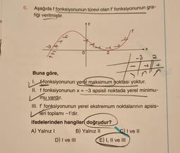 6. Aşağıda f fonksiyonunun türevi olan f' fonksiyonunun gra-
fiği verilmiştir.
-3
xxx
Buna göre,
0
Ay
2
D) I ve III
-3
#
ifadelerinden hangileri doğrudur?
A) Yalnız I
B) Yalnız II
X
fonksiyonunun yerel maksimum noktası yoktur.
II. f fonksiyonunun x = -3 apsisli noktada yerel minimu-
mu vardır.
2
#
III. f' fonksiyonunun yerel ekstremum noktalarının apsis-
Teri toplamı -1'dir.
C) I ve II
E) I, II ve III
+