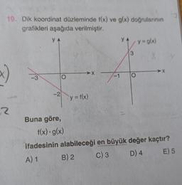 19. Dik koordinat düzleminde f(x) ve g(x) doğrularının
grafikleri aşağıda verilmiştir.
YA
x)
2
-3
-2
O
y = f(x)
X
-1
y^y=g(x)
3
-X
Buna göre,
f(x) · g(x)
ifadesinin alabileceği en büyük değer kaçtır?
A) 1
B) 2
C) 3
D) 4
E) 5