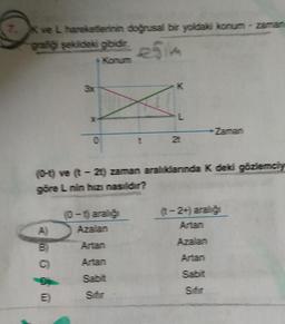 7. K ve L hareketlerinin doğrusal bir yoldaki konum-zaman
grafiği şekideki gibidir.
esim
* Konum
A)
B
C)
(0-t) ve (t-2t) zaman aralıklarında K deki gözlemciy
göre L nin hızı nasıldır?
E
*******************
(0-t) aralığı
Azalan
Artan
Artan
Sabit
Sıfır
→ Zaman
(t−2+) aralığı
Artan
Azalan
Artan
Sabit
Sifir
