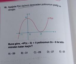 18. Aşağıda P(x) üçüncü dereceden polinomun grafiği v
rilmiştir.
A) -39
-
P(x) = (
AY
8
0
2
(C)(pon)
Buna göre, -4P(x-3) + 5 polinomun 2x - 6 ile bölü-
münden kalan kaçtır?
B) -31
P(x)
C) -29
D) -27 E) -25