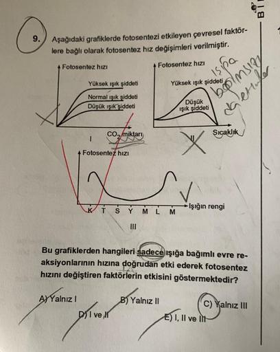 9.
Aşağıdaki grafiklerde fotosentezi etkileyen çevresel faktör-
lere bağlı olarak fotosentez hız değişimleri verilmiştir.
Fotosentez hızı
Yüksek ışık şiddeti
Normal ışık şiddeti
Düşük ışık şiddeti
A) Yalnız I
1
CO₂ miktarı
Fotosentez hızı
+ Fotosentez hızı