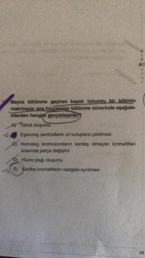 Mayoz bölünme geçiren kapalı tohumlu bir bitkinin
makrospor ana hücresinin bölünme sürecinde aşağıda-
kilerden hangisi gerçekleşmez
A) Tetrat oluşumu
Eşlenmiş sentriollerin zıt kutuplara çekilmesi
e) Homolog kromozomların kardeş olmayan kromatitleri
arasın