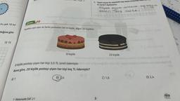 standsda
Kulom s
O'lu çark 10 tur
duğuna göre
D) 75
pus
A) 1
ÖRNEK 09
Fiyatları eşit olan iki farklı pastadan biri 8 kişilik, diğeri 20 kişiliktir.
b. Sepet sayısı ile sepetteki top sayısı arasında nas
ki vardır? Açıklayınız.
20 kişilik
abilito10 2191 all noboyithattabo nunnoledne nününü 20 nsinsdzög obosağom va
8 kişilik pastayı yiyen her kişi 3,5 TL ücret ödemiştir. or inyo söz onuğublo Jabo OBT aynz nolotnoq noldoz conuyod mjort d
Buna göre, 20 kişilik pastayı yiyen her kişi kaç TL ödemiştir?
81 D
B) 1,4
7-Matematik DAF 21
8 kişilik
Sepet sayısı arttıkça top sayısı
azalır. Ters oratidin
3
C) 1,6
D) 2,4
eis
Yayınlan
D) 10