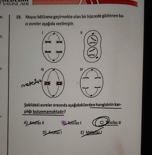 YAYINI ARI
n-
r.
19. Mayoz bölünme geçirmekte olan bir hücrede gözlenen ba-
zı evreler aşağıda verilmiştir.
1
|||
retelez
A) ApaTaz II
11
Şekildeki evreler arasında aşağıdakilerden hangisinin kar-
şılığı bulunmamaktadır?
D) Andraz I
IV
B) Telofaz I
C) lofa