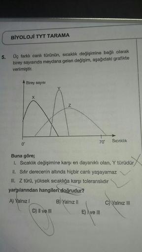 5.
BİYOLOJİ TYT TARAMA
Üç farklı canlı türünün, sıcaklık değişimine bağlı olarak
birey sayısında meydana gelen değişim, aşağıdaki grafikte
verilmiştir.
0°
Birey sayısı
Z
D) II ve III
70°
Buna göre;
1. Sıcaklık değişimine karşı en dayanıklı olan, Y türüdür
