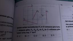 kildeki gibi denges
vetinin büyüklüğ
vetinin büyüklüğü
eşit ve K küresin
at
n eşit büyükü
11.
FA
AF2
Şekilde verilen kuvvetlerden F, in O noktasına göre torku
T olduğuna göre, F₁, F2, F3 ve F4 ün O noktasına göre
toplam torku kaç T dur?
A) -2
B)-1
C) 2
D) 3 E) 5 A
14.
Y
Eşit bölmeli
olup çubuk
ip gerilmel-
A) 1