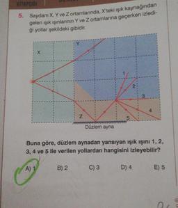 KITAPÇIĞI
5. Saydam X, Y ve Z ortamlarında, X'teki ışık kaynağından
gelen ışık ışınlarının Y ve Z ortamlarına geçerken izledi-
ği yollar şekildeki gibidir.
X
A) 1
Z
B) 2
Düzlem ayna
5
C) 3
2
Buna göre, düzlem aynadan yansıyan ışık ışını 1, 2,
3, 4 ve 5 ile verilen yollardan hangisini izleyebilir?
3
D) 4
4
E) 5