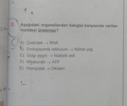 er 85
2. Aşağıdaki organellerden hangisi karşısında verilen
maddeyi üretemez?
A) Çekirdek → RNA
B) Endoplazmik retikulum → Nötral yağ
C) Golgi aygıtı → Nükleik asit
D) Mitokondri → ATP
E) Kloroplast → Oksijen