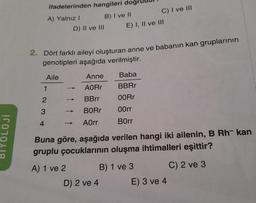 3
ifadelerinden hangileri do
B) I ve II
A) Yalnız I
1
2
4
2. Dört farklı aileyi oluşturan anne ve babanın kan gruplarının
genotipleri aşağıda verilmiştir.
Aile
D) II ve III
Anne
AORr
BBrr
BORr
AOrr
C) I ve III
E) I, II ve III
D) 2 ve 4
Baba
BBRr
00Rr
00rr
Borr
Buna göre, aşağıda verilen hangi iki ailenin, B Rh- kan
gruplu çocuklarının oluşma ihtimalleri eşittir?
A) 1 ve 2
B) 1 ve 3
C) 2 ve 3
E) 3 ve 4