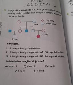 JINAV YAYINLARI
2BeTerri L
bakımın
5. Aşağıdaki soyağacında ABO kan grubu sistemi
dan eş baskın fenotipli olan bireylerin tamamı koyu renki
olarak verilmiştir.
A) Yalnız I
1. birey
B) Yalnız III
D) I ve III
O: Dişi birey
3. birey
Buna göre,
1. 1. bireyin kan grubu 0 olamaz.
II. 2. bireyin kan grubu genotipi AA, BO veya 00 olabilir.
III. 3. bireyin kan grubu genotipi BB, AO veya AA olabilir.
ifadelerinden hangileri doğrudur?
: Erkek birey
2. birey
E) II ve III
C) I ve II
D
E)
8. Bi
SC