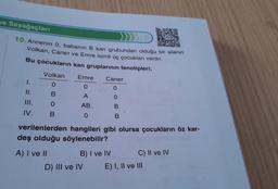 we Soyağaçları
10. Annenin 0, babanın B kan grubundan olduğu bir ailenin
-Volkan, Caner ve Emre isimli üç çocukları vardır.
Bu çocukların kan gruplarının fenotipleri;
I.
II.
III.
IV.
Volkan
0
B
0
B
Emre Caner
0
0
A
AB
0
verilenlerden hangileri gibi olursa çocukların öz kar-
deş olduğu söylenebilir?
A) I ve II
B) I ve IV
0
B
B
D) III ve IV
C) II ve IV
E) I, II ve III