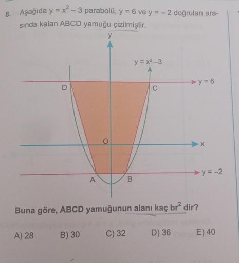 8.
Aşağıda y=x²-3 parabolü, y = 6 ve y = -2 doğruları ara-
sında kalan ABCD yamuğu çizilmiştir.
D
A) 28
A
B) 30
y
O
B
y=x²-3
Buna göre, ABCD yamuğunun alanı kaç br² dir?
C) 32
0100
C
y=6
y=-2
D) 36 E) 40