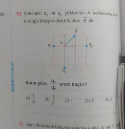 tür.
AYDIN YAYINLARI
10. Şekildeki q₁ ve 2 yüklerinin A noktasında olu
turduğu bileşke elektrik alan É dir.
Buna göre,
A)
9₁
1/3
91
92
B)
11/12/2
A
9₁
oranı kaçtır?
92
C) 1 D) 2 E) 3
11. Aynı düzlemde bulunan elektrik yüklü X ve Y pa