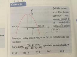 una
2 =
Örnek 9:
A(a,0)
14
8
Buna göre,
-5 0
B(b, 0)
f(b + 2) + f(0)
f(a-2) + f(-10)
A)-2 B)-1 C) 0
X
Fonksiyon yatay ekseni A(a, 0) ve B(b, 0) noktalarında kes-
mektedir.
Şekilde verilen
y = f(x) fonksi-
yonunun mak-
simum değeri 8
ve maksimum
noktasının apsisi
-5 tir.
D) 1
işleminin sonucu kaçtır?
E) 2