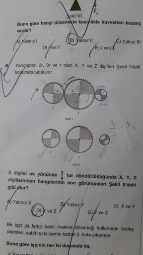 Sekil III
Buna göre hangi düzenekte kesinlikle kuvvetten kazanç
vardır?
A) Yalınız I
D)
Dy fre 11
A Yalınız X
Yançapları 2r, 3r ve r olan X, Y ve Z dişlileri Şekil I'deki
kopumda tutuluyor.
(B) Yalnız II
3
4
D) X ve Z
ve z
Şekil 1
X dişlisi ok yönünde tur