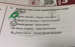 a
9.
2
LPSB13EDE22-114
Aşağıdaki yapıt-sanatçı eşleştirmelerinden hangisi
yanliştir?
AMalta Geceleri - Hüseyin Cahit Yalçın
B Nedim ve Lale Devri - Faik Ali Ozansoy
Zavallı Necdet - Safvet Nezihi
D) Beyaz Gölgeler - Celal Sahir Erozan
EGönül Hanım - Ahmet Hikmet Müftüoğlu