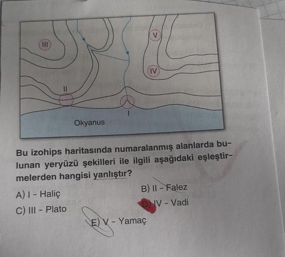 III
Okyanus
A) I - Haliç
C) III - Plato
Bu izohips haritasında numaralanmış alanlarda bu-
lunan yeryüzü şekilleri ile ilgili aşağıdaki eşleştir-
melerden hangisi yanlıştır?
(IV)
B) II - Falez
DIV- Vadi
E) V-Yamaç