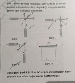 Şekil I, II ve IIl'de özdeş mıknatıslar, Şekil-IV'de ise bir elektro-
mıknatıs kullanılarak bunların oluşturduğu manyetik alan böl-
gelerine iğne mıknatıslar bırakılmıştır.
N
Şekil I
S
Şekil III
S
d
*******
S N
Şekil II
+1₁-
Şekil IV
Buna göre, Şekil I, II, III ve IV'de iğne mıknatısların han-
gilerinin konumları doğru olarak gösterilmiştir.