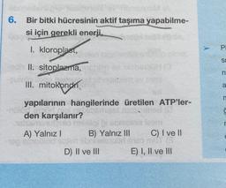 Bir bitki hücresinin aktif taşıma yapabilme-
si için gerekli enerji,
I. kloroplast,
Fodh II. sitoplazma,
III. mitokondri
6.
yapılarının hangilerinde üretilen ATP'ler-
den karşılanır?
A) Yalnız I
B) Yalnız III C) I ve II
jim obrvaletud neo mut (3
D) II ve III
E) I, II ve III
Pi
SI
ri
a