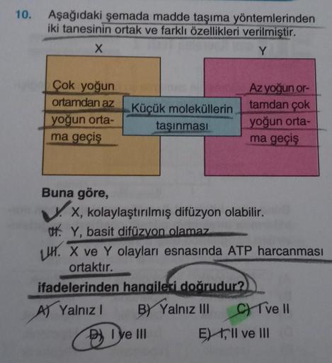 10.
Aşağıdaki şemada madde taşıma yöntemlerinden
iki tanesinin ortak ve farklı özellikleri verilmiştir.
X
Y
Çok yoğun
ortamdan az
yoğun orta-
ma geçiş
Buna göre,
Küçük moleküllerin
taşınması
X, kolaylaştırılmış difüzyon olabilir.
Y, basit difüzyon olamaz
i