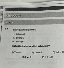 T
9
TATİL ÖDEVİ
9.SINIF
22.
Hücre zarının yapısında;
I. kolesterol,
II. glikolipit,
III. fosfolipit
moleküllerinden hangileri bulunabilir?
A) Yalnız I
D) II ve III
B) Yalnız II
C) Yalnız III
E) I, II ve III