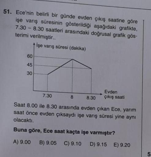 51. Ece'nin belirli bir günde evden çıkış saatine göre
işe varış süresinin gösterildiği aşağıdaki grafikte,
7.30 - 8.30 saatleri arasındaki doğrusal grafik gös-
terimi verilmiştir..
İşe varış süresi (dakika)
60
45
30
7.30
8.30
Saat 8.00 ile 8.30 arasında e