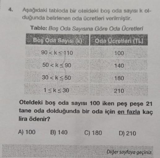 4.
Aşağıdaki tabloda bir oteldeki boş oda sayısı k ol-
duğunda belirlenen oda ücretleri verilmiştir.
Tablo: Boş Oda Sayısına Göre Oda Ücretleri
Boş Oda Sayısı (k) Oda Ücretleri (TL)
90k 110
50 k≤90
30 <k≤50
1≤k≤30
B) 140
100
C) 180
140
180
Oteldeki boş oda