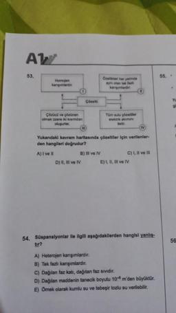 AW
53.
Homojen
kangımlardır.
Çözücü ve çözünen
olmak üzere iki kısımdan
oluşurlar.
III
Çözelti
D) II, III ve IV
B) III ve IV
Özellikleri her yerinde
aynı olan tek fazh
kangimlardır.
Tüm sulu çözeltiler
elektrik akımını
iletir.
Yukarıdaki kavram haritasında çözeltiler için verilenler-
den hangileri doğrudur?
A) I ve II
IV
C) I, II ve III
E) I, II, III ve IV
54. Süspansiyonlar ile ilgili aşağıdakilerden hangisi yanlış-
tır?
A) Heterojen karışımlardır.
B) Tek fazlı karışımlardır.
C) Dağılan faz katı, dağıtan faz sıvıdır.
D) Dağılan maddenin tanecik boyutu 10-m'den büyüktür.
E) Ömek olarak kumlu su ve tebeşir tozlu su verilebilir.
55. .
56