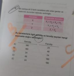 B)
C)
Bir canlıya ait 3 farklı karaktere etki eden genler ve
baskınlık durumlan tabloda verilmiştir.
Karakter
X
Y
Z
Baskınlık durumu
X₁ > X₂ > x₂ > x₁
Y₁ > Y₂ = Y₁
Z₁ = Z₂
Bu karakterlerle ilgili genotip ve fenotip sayıları hangi
seçenekte doğru verilmiştir?
Genotip
180
180
24
48
24
Fenotip
24
48
24
180
180