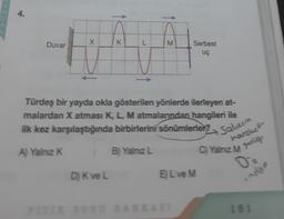 4.
Duvar
X
K
D) K ve L
M
Serbest
uç
Türdeş bir yayda okla gösterilen yönlerde ilerleyen at-
malardan X atması K, L, M atmalarından hangileri ile
ilk kez karşılaştığında birbirlerini sönümlerler?
A) Yalnız K
B) Yalnız L
E) L ve M
→Salınım
hareketin
C) Yalnız Mağ
O
indire