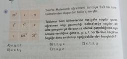 4
25³
t
X
5
57
5
A) x, y, z, t
D) x, z, t, y
5
125
y
3
N
25²
Sınıfta Matematik öğretmeni tahtaya 3x3 lük kare
bölmelerden oluşan bir tablo çizmiştir.
Tablonun bazı bölmelerine rastgele sayılar yazan
öğretmen sayı yazmadığı bölmelerde sayılar alt
alta yanyana ya da çapraz olarak çarpıldığında aynı
sonucu verdiğine göre x, y, z, t harflerinin küçükten
büyüğe doru sıralanışı aşağıdakilerden hangisidir?
C) x, t, z, y
B) t, z, y, x
E) t, x y, z