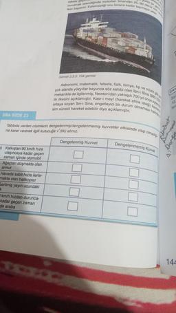 SIRA SİZDE 23
a) Kalkıştan 90 km/h hıza
ulaşıncaya kadar geçen
zaman içinde otomobil
Ağaçtan düşmekte olan
armut
Havada sabit hızla ilerle-
mekte olan helikopter
Gerilmiş yayın ucundaki
yuklu bir gemi
durulmak istendiğinde motorları limandan 25-30 deniz mili uzs
rekete ge
iken kapatılır. Eylemsizliği onu limana kadar taşımaya yeter.
Tabloda verilen cisimlerin dengelenmiş/dengelenmemiş kuvvetler etkisinde olup olmadığı
na karar vererek ilgili kutucuğa √ (tik) atınız.
km/h hızdan durunca-
kadar geçen zaman
de araba
Astronomi, matematik, felsefe, fizik, kimya, tip ve müzik gibi pe
çok alanda yüzyıllar boyunca söz sahibi olan İbn-i Sina (980-1037
mekanikle de ilgilenmiş, Newton'dan yaklaşık 700 yıl önce eylemsz
lik ilkesini açıklamıştır. Kasr-i meyl (hareket etme isteği) kavramın
ortaya koyan İbn-i Sina, engelleyici bir durum olmaması halinde
sim sürekli hareket edebilir diye açıklamıştır.
Görsel 3.3.5: Yük gemisi
Dengelenmiş Kuvvet
Dengelenmemiş Kuvvet
ÖRN
Sür
12,
leri
Borcket
Derso
144