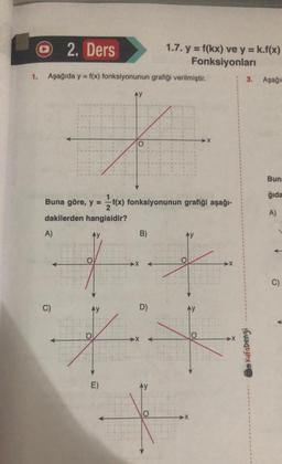 1.
2. Ders
Aşağıda y = f(x) fonksiyonunun grafiği verilmiştir.
A)
Buna göre, y = f(x) fonksiyonunun grafiği aşağı-
dakilerden hangisidir?
C)
E)
B)
1.7. y = f(kx) ve y=k.f(x)
Fonksiyonları
D)
O
Ay
O
X
3.
Kafadengi
Aşağıa
Buna
ğıda
A)
C)