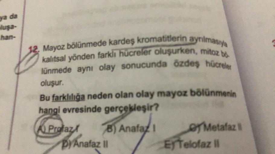 da
ya
Nuşa-
han-
12, Mayoz bölünmede kardeş kromatitlerin ayrılmasıyla
kalıtsal yönden farklı hücreler oluşurken, mitoz bö
lünmede aynı olay sonucunda özdeş hücreler
oluşur.
Bu farklılığa neden olan olay mayoz bölünmenin
hangi evresinde gerçekleşir?
A Prol