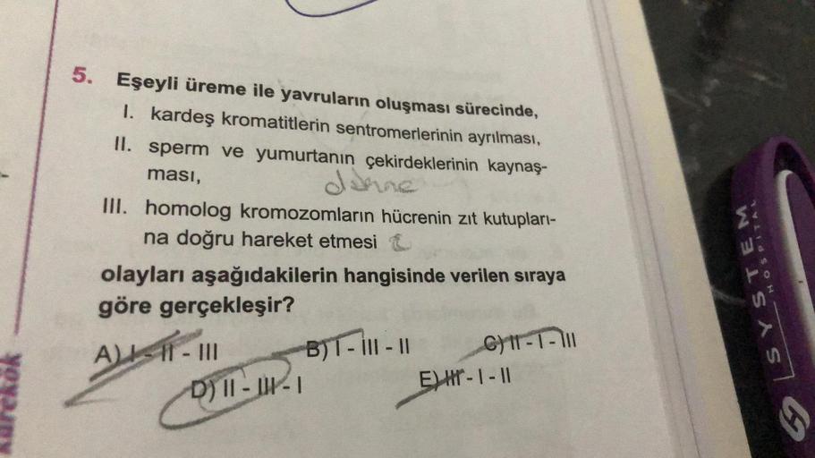 5. Eşeyli üreme ile yavruların oluşması sürecinde,
I. kardeş kromatitlerin sentromerlerinin ayrılması,
II. sperm ve yumurtanın çekirdeklerinin kaynaş-
ması,
donne
III. homolog kromozomların hücrenin zıt kutupları-
na doğru hareket etmesi
olayları aşağıdaki