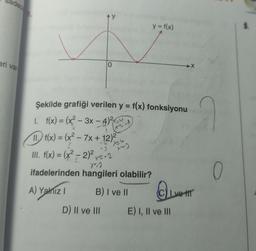 adece
eri var
Ay
O
Şekilde grafiği verilen y = f(x) fonksiyonu
1. f(x) = (x²-3x-4)²
11. f(x) = (x² - 7x + 12)²
-U
x=4
-3
III. f(x) = (x² - 2)² x=-2
A) Yalnız 1
D) II ve III
X-A
X²-2
ifadelerinden hangileri olabilir?
B) I ve II
X~)
y = f(x)
Ive tr
E) I, II ve III
0
3.