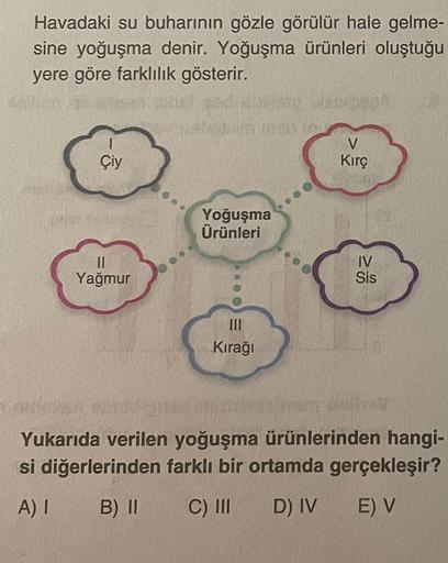 Havadaki su buharının gözle görülür hale gelme-
sine yoğuşma denir. Yoğuşma ürünleri oluştuğu
yere göre farklılık gösterir.
Çiy
11
Yağmur
Yoğuşma
Ürünleri
Kırağı
to shone4
V
Kırç
IV
Sis
Yukarıda verilen yoğuşma ürünlerinden hangi-
si diğerlerinden farklı b