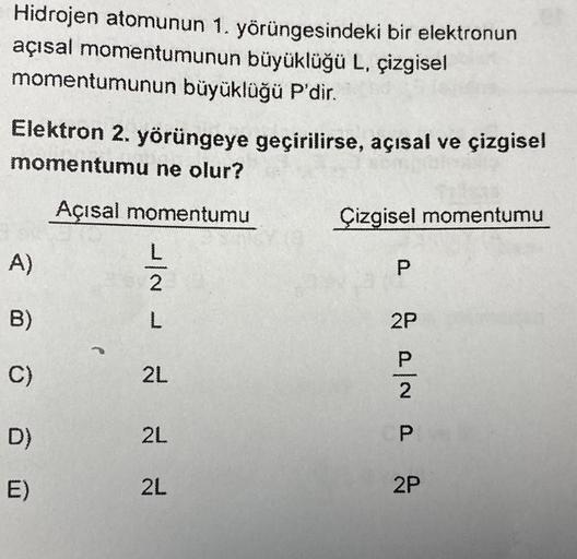 Hidrojen atomunun 1. yörüngesindeki bir elektronun
açısal momentumunun büyüklüğü L, çizgisel
momentumunun büyüklüğü P'dir.
Elektron 2. yörüngeye geçirilirse, açısal ve çizgisel
momentumu ne olur?
Açısal momentumu
A)
B)
C)
D)
E)
-|N
L
2
L
2L
2L
2L
Çizgisel 