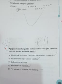 morfolojik ve anatomik
yargılarında hangileri yanlıştır?
A) I ve Il
Ⓒ) 1, Il ve Ill
B) Yalnız IV
C) IIl ve IV
E) II, III ve IV
ell
Aşağıdakilerden hangisi bir özelliği kontrol eden gen çiftlerine
yani alel genlere ait özellik olamaz?
A) Homolog kromozomların karşılıklı lokuslarında bulunma
B) Biri dominant, diğeri resesif olabilme V
C) Bağımsız genler olma
D) İkisi de resesif olabilme
E) Tek kromozom üzerinde yer alabilme
hocam
168