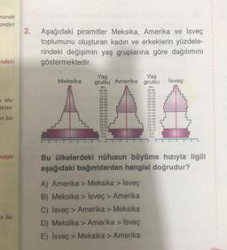 manda
ondan
ndaki
olu-
ikimi
un bü-
ndaki
n bü-
2. Aşağıdaki piramitler Meksika, Amerika ve İsveç
toplumunu oluşturan kadın ve erkeklerin yüzdele-
rindeki değişimin yaş gruplarına göre dağılımını
göstermektedir.
Yaş
Meksika grubu Amerika grubu İsveç
Yaş
85+
80-84
75-79
70-74
65-69
60-64
55-59
ALAJA
50-54
45-49
40-44
35-39
30-34
25-29
20-24
15-19
10-14
5-9
0-4
85+
A) Amerika > Meksika > İsveç
B) Meksika > İsveç > Amerika
C) İsveç > Amerika > Meksika
D) Meksika > Amerika > İsveç
E) İsveç > Meksika > Amerika
80-84
75-79
70-74
65-69
60-64
55-59
50-54
45-49
40-44
35-39
30-34
25-29
20-24
15-19
10-14
5-9
0-4
Bu ülkelerdeki nüfusun büyüme hızıyla ilgili
aşağıdaki bağıntılardan hangisi doğrudur? .