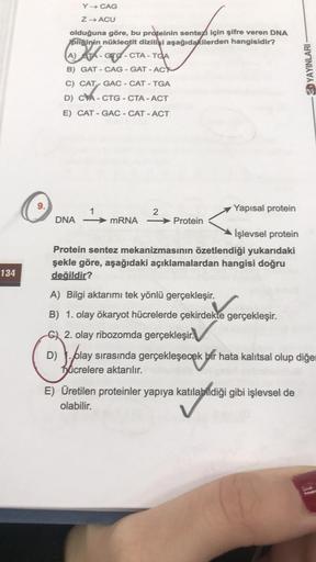 134
9.
Y→ CAG
Z → ACU
olduğuna göre, bu proteinin sentezi için şifre veren DNA
pliğinin nükleotit dizilişi aşağıdakilerden hangisidir?
(A) ATA-GTC-CTA-TGA
B) GAT-CAG - GAT-ACT
C) CAT- GAC - CAT - TGA
D) CA-CTG - CTA-ACT
E) CAT - GAC - CAT - ACT
Yapısal pro