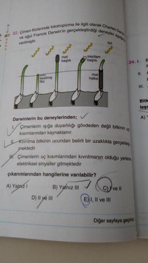 # 32. Çimen filizlerinde fototropizma ile ilgili olarak Charles Darw
ve oğul Francis Darwin'in gerçekleştirdiği deneyler aşağıd
verilmiştir.
1 N
mat
başlık
GLG
UCU
kesilmiş
filiz
saydam
B) Yalnız III
başlık
D) II ye III
mat
halka
ışık
Darwinlerin bu deneyl