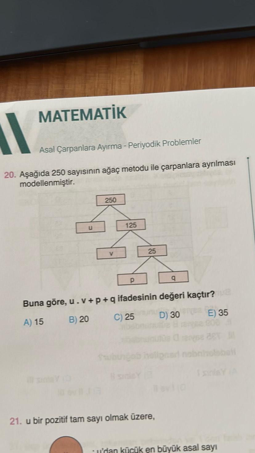 MATEMATİK
Asal Çarpanlara Ayırma - Periyodik Problemler
20. Aşağıda 250 sayısının ağaç metodu ile çarpanlara ayrılması
modellenmiştir.
U
250
V
125
p
25
q
Buna göre, u. v + p + q ifadesinin değeri kaçtır?e
A) 15
B) 20
C) 25
D) 30
E) 35
rese act
fubungos hal