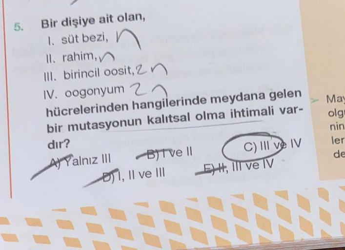 5. Bir dişiye ait olan,
1. süt bezi,
II. rahim,
III. birincil oosit, 2n
IV. oogonyum 2
hücrelerinden
hangilerinde meydana gelen
bir mutasyonun kalıtsal olma ihtimali var-
dir?
A) Yalnız III
BITVE II
I, II ve III
C) III ve IV
EH, Il ve IV
May
olg
nin
ler
de