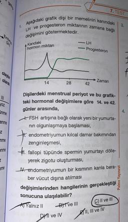 yoz
olaylar
olarak
inme
enme
Z
nme
enme
2
me
Pun
1.
Aşağıdaki grafik dişi bir memelinin kanındaki
LH ve progesteron miktarının zamana bağlı
değişimini göstermektedir.
Kandaki
hormon miktarı
14
28
-LH
Progesteron
42
7.TEST
Zaman
Dişilerdeki menstrual periyot ve bu grafik-
teki hormonal değişimlere göre 14. ve 42.
günler arasında,
Ato sonucuna ulaşılabilir?
A) Yalnız II
FSH artışına bağlı olarak yeni bir yumurta-
nın olgunlaşmaya başlaması,
Dil ve IV
endometriyumun kılcal damar bakımından
zenginleşmesi,
H. fallopi tüpünde spermin yumurtayı dölle-
yerek zigotu oluşturması,
V. endometriyumun bir kısmının kanla bera-
ber vücut dışına atılması
değişimlerinden hangilerinin gerçekleştiği
-BYT ve IIIC) II ve III
II, III ve IV
Palme Yayınevi
3.
4.