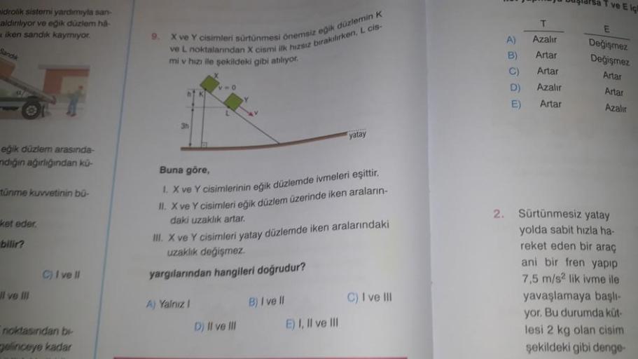 idrolik sistemi yardımıyla san-
aldırılıyor ve eğik düzlem hå-
aiken sandık kaymıyor.
Sandik
eğik düzlem arasında-
mdığın ağırlığından kü-
tünme kuvvetinin bü-
ket eder.
bilir?
JI ve III
C) I ve Il
noktasından bi
gelinceye kadar
9.
X ve Y cisimleri sürtünm