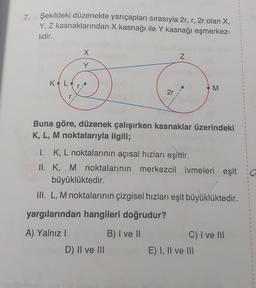 7. Şekildeki düzenekte yarıçapları sırasıyla 2r, r, 2r olan X,
X kasnağı ile Y kasnağı eşmerkez-
Y, Z kasnaklarından
lidir.
Ko Lor
r
X
Y
2r
N
Buna göre, düzenek çalışırken kasnaklar üzerindeki
K, L, M noktalarıyla ilgili;
D) II ve III
M
I. K, L noktalarının açısal hızları eşittir.
II. K, M noktalarının merkezcil ivmeleri eşit
büyüklüktedir.
III. L, M noktalarının çizgisel hızları eşit büyüklüktedir.
yargılarından hangileri doğrudur?
Á) Yalnız I
B) I ve II
C) I ve III
E) I, II ve III
1
1
$
!
E
F
E
I
#
1
1
1
1
}
1
E
1
1
1
E
1
1
1
1
1
1
1
[
1
1
1
1
J
1
1
$
1
1
1
T
1
3
$
1